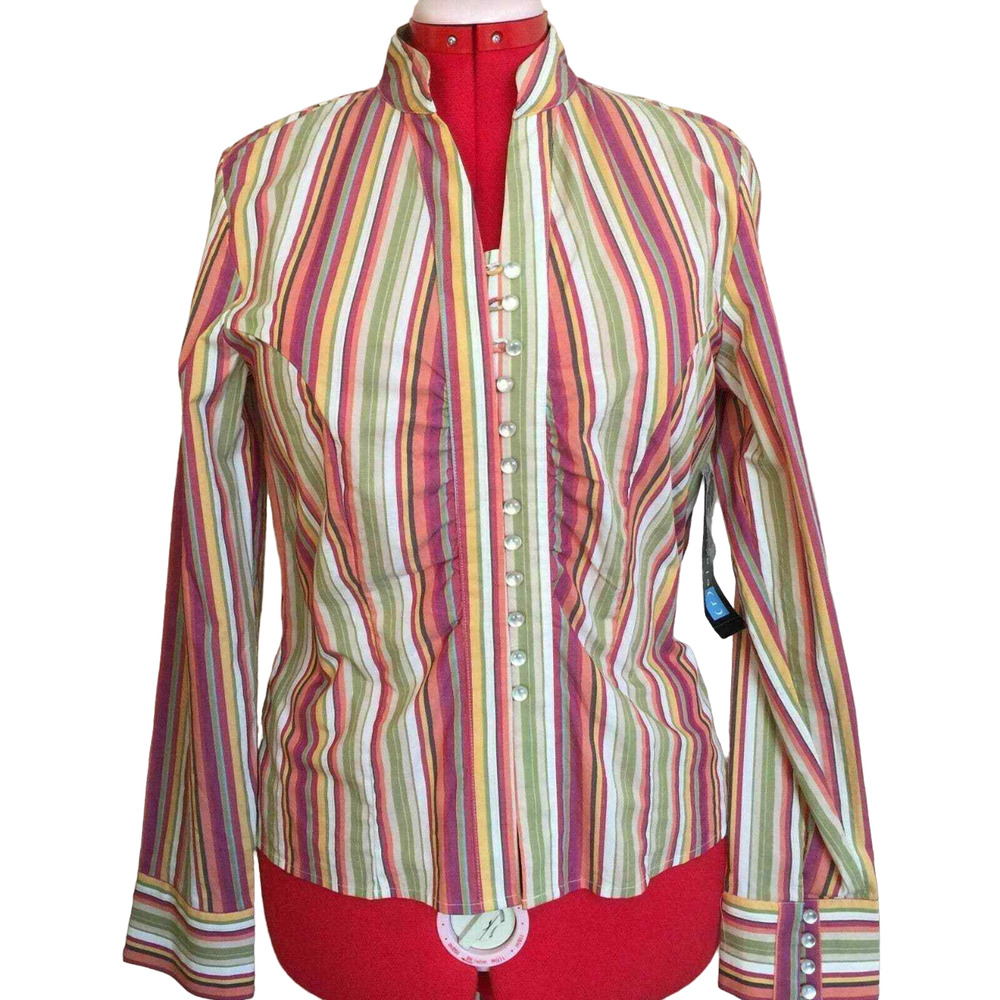 Relativity Fitted Shirt Women Size L Multicolor Stripe Long Sleeve Pearl Buttons